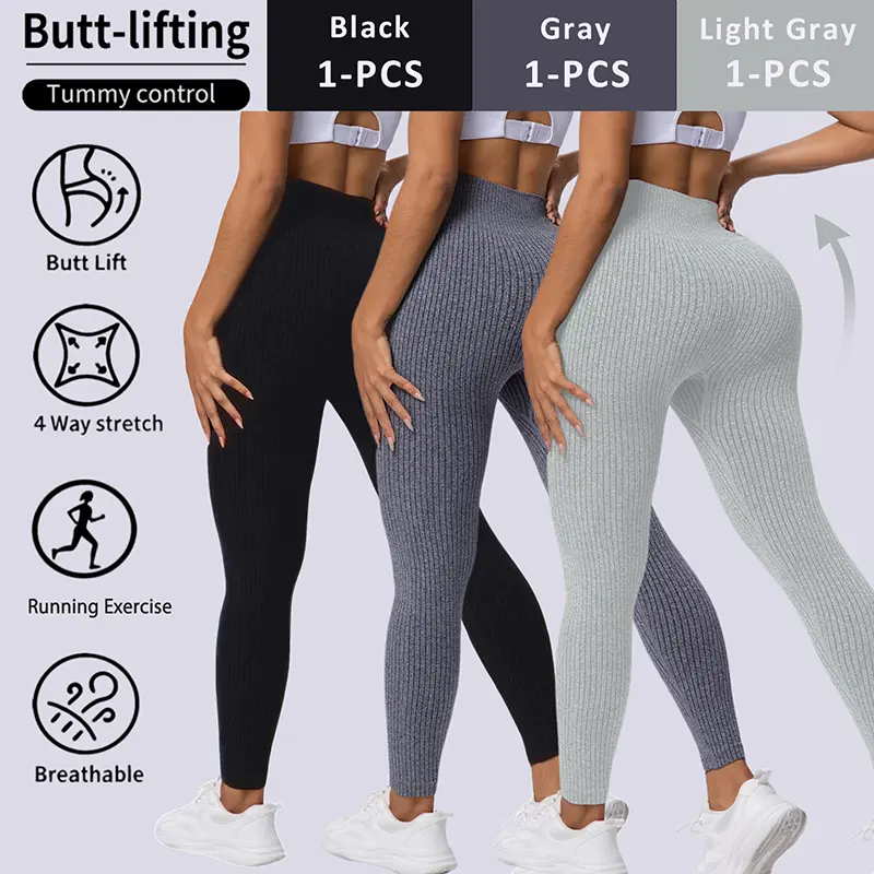 Fashion Candy Colors Women High-Waisted Butt-Lifting Tummy-Control Leggings, Soft Comfortable Breathable Elastic Ribbed Texture Sport Pants, Gym Workout Yoga Fitness Leggings, Suitable For Casual and Versatile Styles, Everyday Wear Must-Have For Wardrobe
