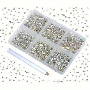 7200 Pieces 6 Mixed Sizes Fix Rhinestones, Round Crystal Gems Flatback for DIY Jewelry, Includes Picking Pen, Crystal Ab Color