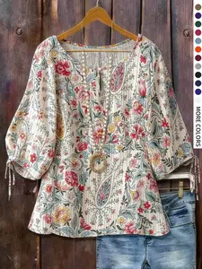 Women's Casual Floral Printed Loose Fit Half Sleeve Round Neck Shirt, Summer Top for Daily Wear and Vacation