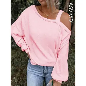 Women’s flat-neck asymmetrical sportswear, spring and autumn casual off-shoulder long-sleeve pullover, women’s everyday wear GARMENTARY