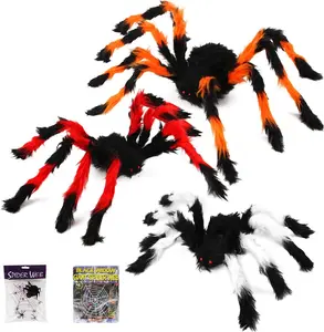 Halloween Spider Decorations, Halloween Scary Hairy Spider Web Set, 3 Pack Fake Colorful Spider, Halloween Spider Web, Cobwebs Props for Indoor, Outdoor and Yard Creepy Decor