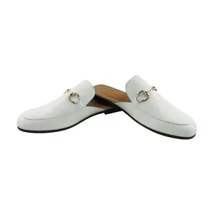 Men's Slip On Backless Loafers White With Gold Buckle Shoes Casual Fashion Footwear AZARMAN