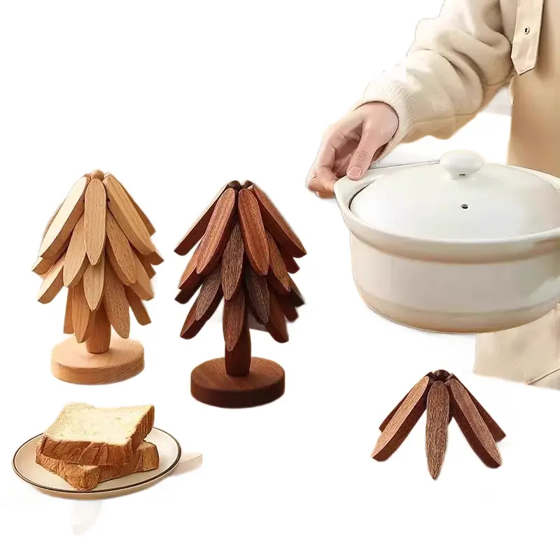 TUSEASY Natural Wood Color 5-Piece Tree-Shaped Wooden Clover Set - 1 Stand, Heat-Resistant Foldable Kitchen Insulation Trivet, Aesthetic Rustic Decorative Coasters, Gift Idea for Hot Dishes, Drink Mugs, Natural Wood Color 5-Piece Set