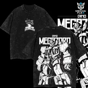 Dino Megazord Power Ranger  Retro Unisex Vintage Double Printed Heavyweight Cotton Oversized Wash Tee, Workout Clothes, Gym Workouts, Clothes for Daily Wear