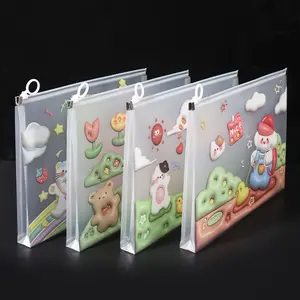4pc Transparent A4 File Bags, Plastic PP Document Pouches, Cute Cartoon Pattern Zipper Bags, Student Exam Paper Storage