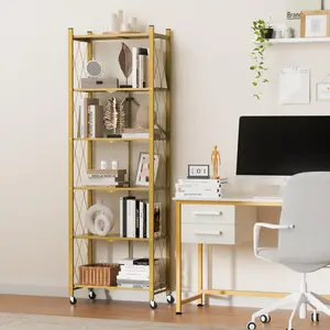 73.6 Inch Folding Bookshelf, 6 Tier Metal Bookcase and Bookshelves with Wheel, Tall Display Shelves for Living Room Office Bedroom, Heavy Duty Book Shelve Free Standing Open, Gold, 1PACK