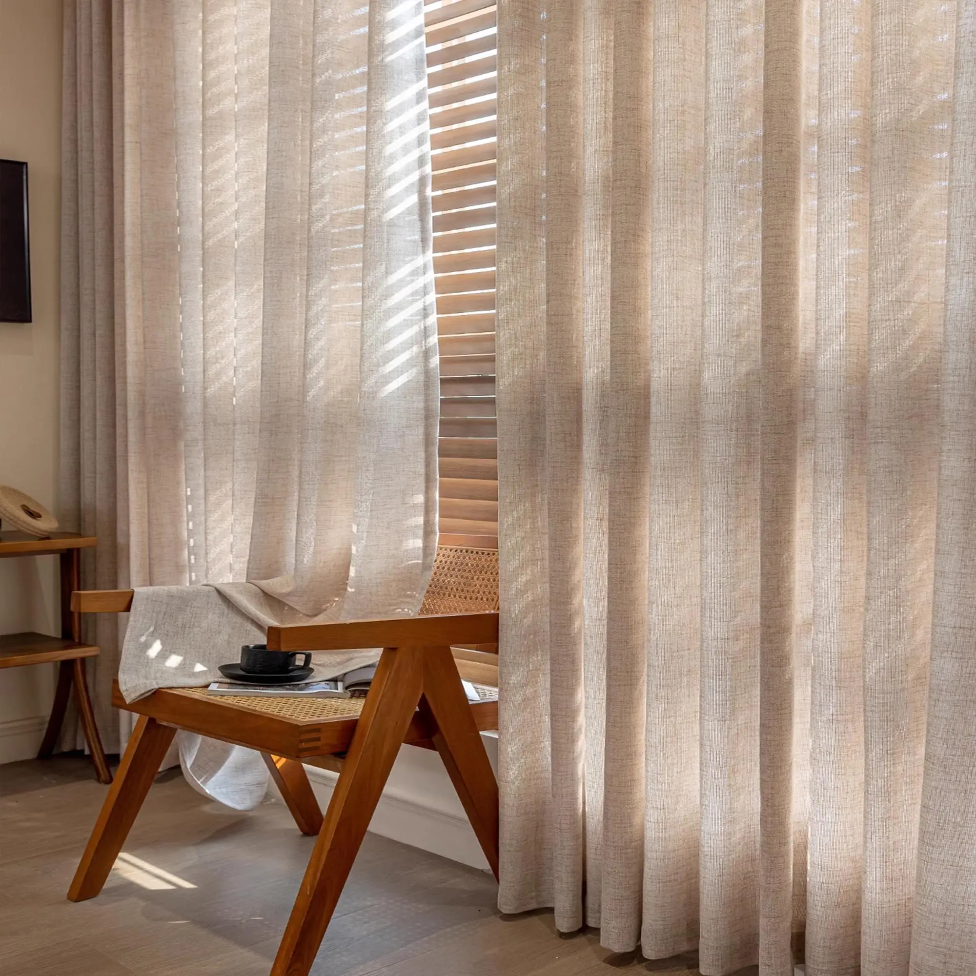 Solid Color Linen Curtain, Wooden Bead Decor Curtain, Breathable Curtain, Home Decoration Curtain for Home Living Room Bedroom, Window Curtain, Home Decor Supplies, Home Decorative Curtain