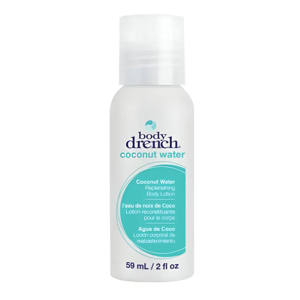 Body Drench Replenishing Lotion, Hydrating Coconut Water Moisturizer for Smooth, Soft Skin, Lightweight Formula with Fresh Scent, 2 oz, Cosmetic, Nourishing, Glycerin, Anti-Oxidants, Cocos Nucifera (Coconut) Water, Crisp Coconut Scent