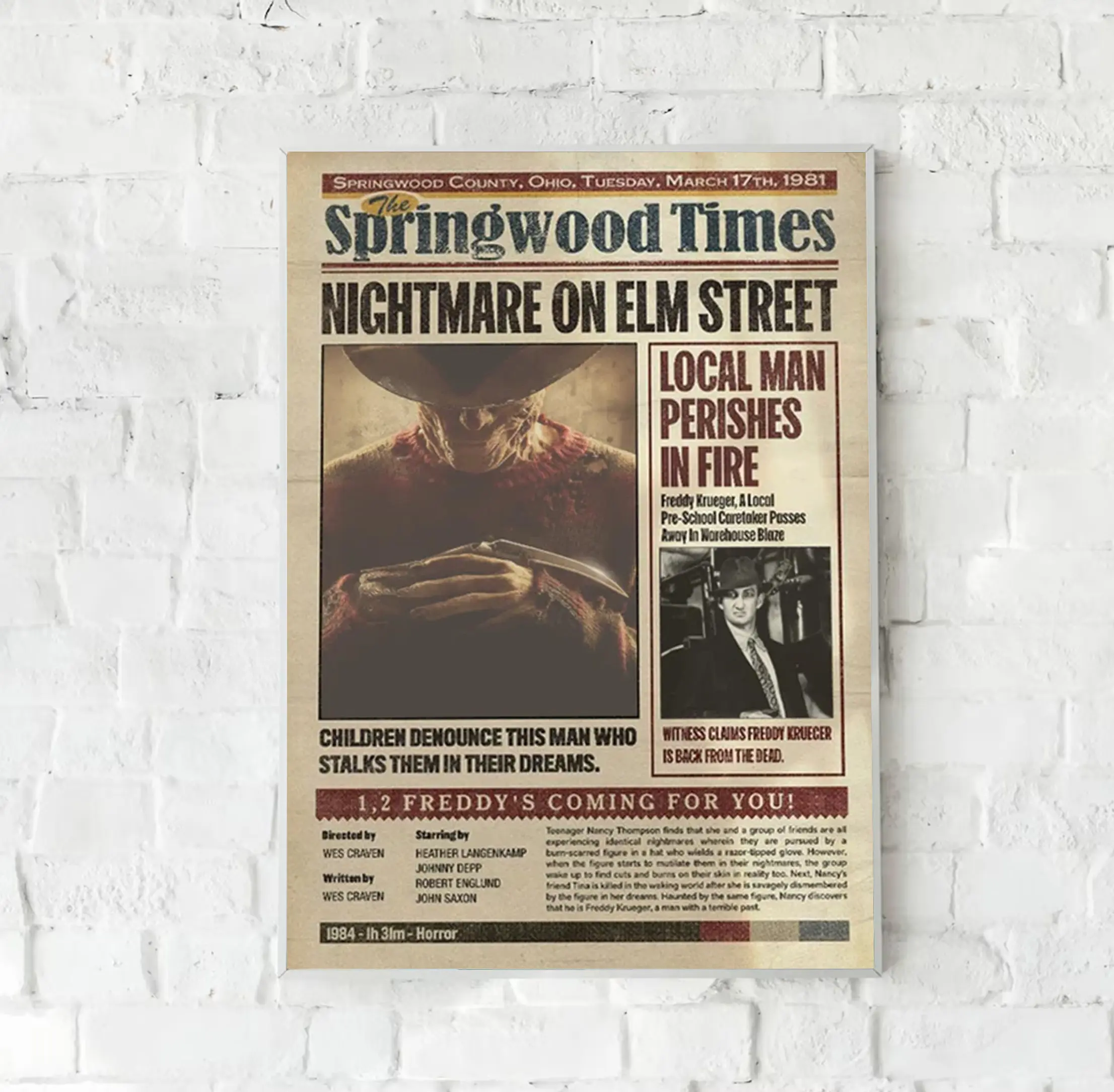 Freddy Krueger Movie Newspaper Art Poster, Nightmare on Elm Street 1984 Film Vintage Poster, Freddy Horror Poster, Halloween Decor Unframed