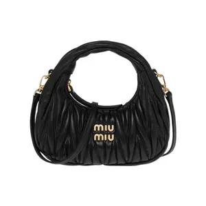 Miu Miu Wander Hobo Bag with Metal Logo Zipper in Soft Lambskin for Women Pu Leather Bag Pebbled Bag