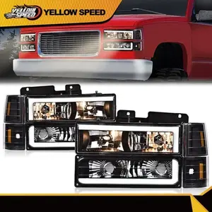 Black LED Tube Headlights Headlamp Fit For 88-98 Chevy GMC Sierra C/K Silverado