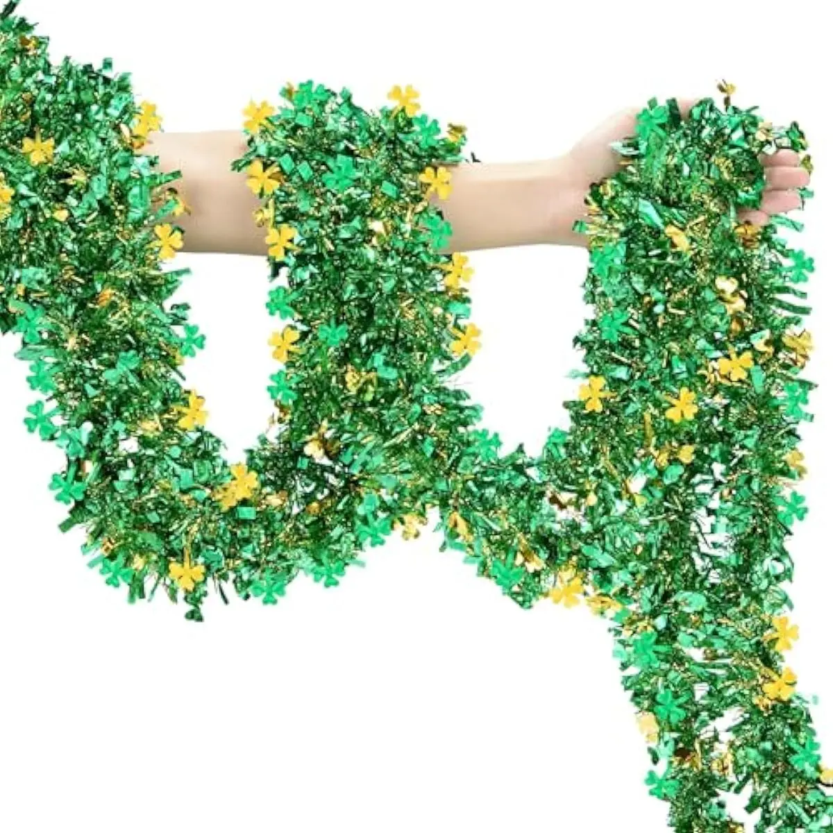 33Ft St Patricks Day Garland Decor, Green and Gold Shamrock Tinsel Garland, Ceiling Hanging and Wall Decor Party Supplies for St Patricks Irish Party Home Decoration