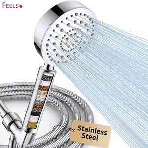 FEELSO Stainless Steel Filtered Shower Head with Handheld 6 Spray Modes High Pressure Removes Chlorine Reduces Dry Skin 72" Hose Brass Holder