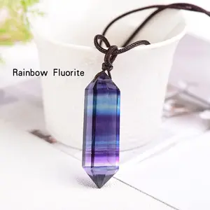 Natural Rainbow Fluorite Stone Pendant Fluorite Crystal Wand Pendant Necklace Healing Spiritual Meditation Necklace Anxiety Stress Relief