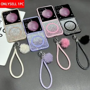Double-sided frame drilled magnetic adhesive phone case, Protective, glitter stickers, supports wireless charging, comes with a bracelet, hard PC back panel protects, suitable for Samsung Galaxy Z Flip7, Z Flip7 FE, Z Flip6, Z Flip5