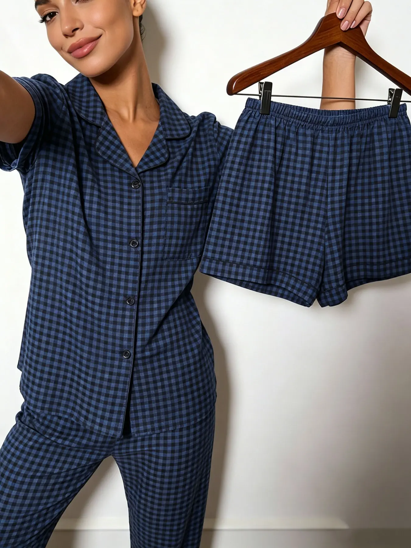 Women's Pajama Set, Short Sleeve, All over Print, Plaid, Slim-Fitting, Casual Style, Three-Piece Set, Home Wear, Nightwear, Loungewear, Versatile for All Seasons