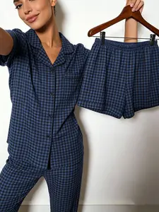 Women's Pajama Set, Short Sleeve, All over Print, Slim-Fitting, Casual Style, Three-Piece Set, Home Wear, Nightwear, Loungewear, Versatile for All Seasons