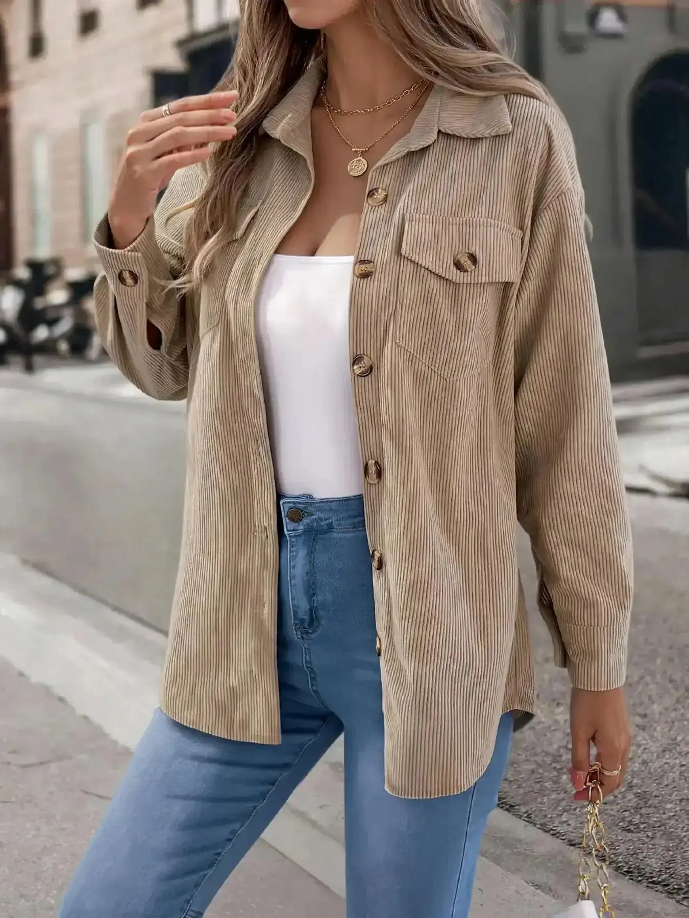 Women's Solid Collared Button Front Corduroy Jacket Coats, Casual Drop Shoulder Long-Sleeved Outerwear for Fall & Winter, Ladies Clothes for Daily Wear Womenswear Solid Buttons Jacket, Smart Casual, Classic Design