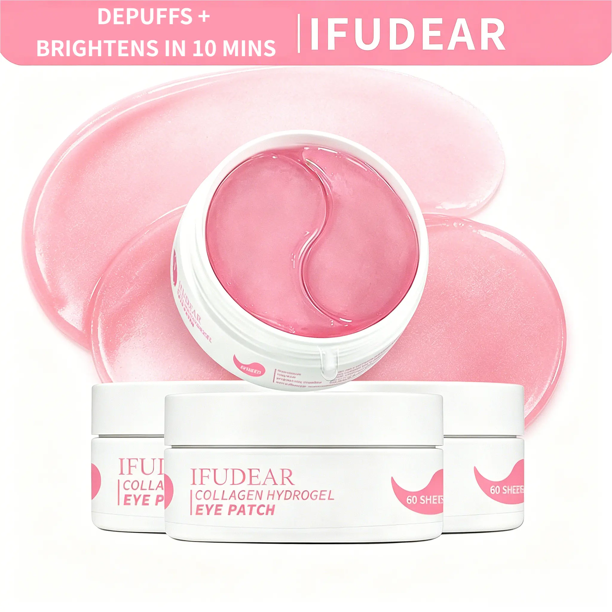 [IFUDEAR Official] Pink Collagen Peptide Brightening Hydrogel Eye Patches 60Ct | Depuff Under-Eye Bags & Dark Circles in 10 Mins | Firming Fine Lines, Wrinkles | Anti Aging Eye Treatment with Peptide & Niacinamide | Glass Skin Korean Skincare