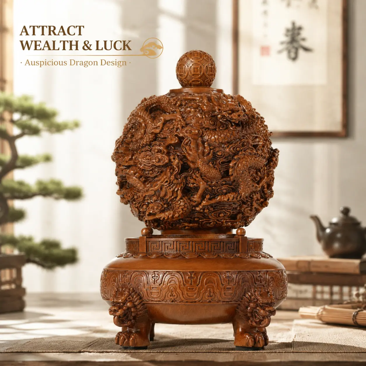 Aris & Juno 360° Rotating Resin Feng Shui Dragon Ornament - Wealth & Protection Lucky Charm, Desk & Home Decor, Home Supply, Gifts