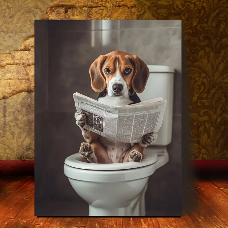 Charming Beagle Reading Newspaper on Toilet - 8x15inch Framed Canvas Wall Art, Suitable for Living Room, Bathroom, Bedroom, Kitchen, Perfect Room Decoration