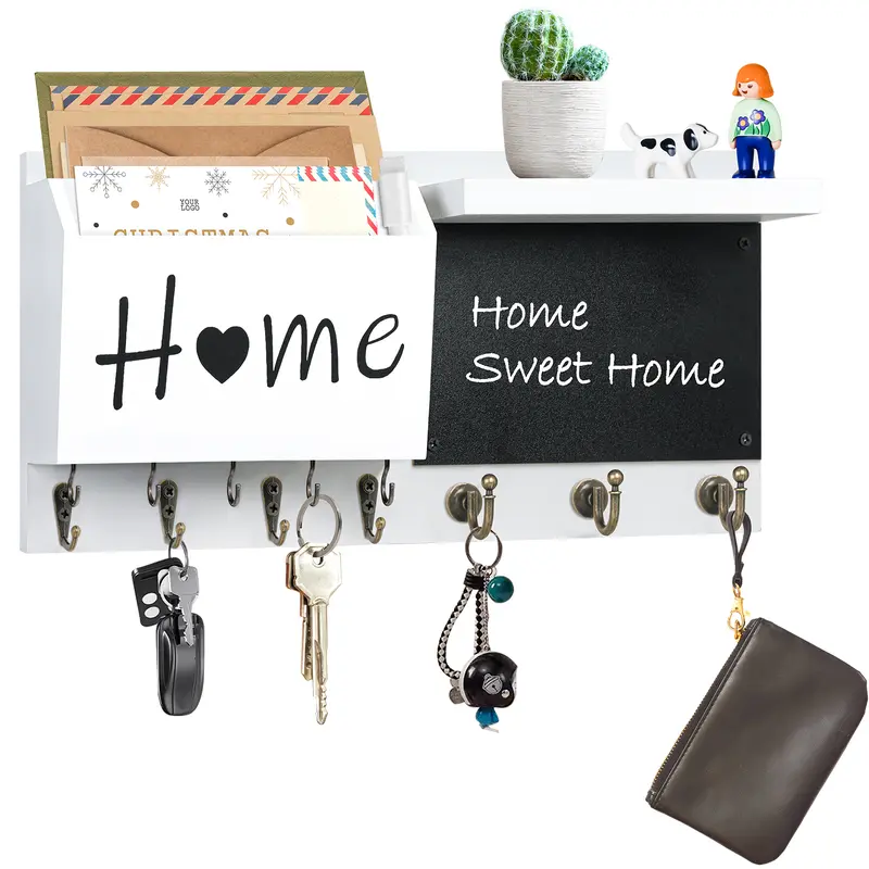 Wall-Mounted Rectangular Hanging Wooden Keychain Organizer - 14.6x7.1x3.3in, 12-Hook, Chalkboard, 2 Chalkboard Mail Slots, Metal Shelf, Natural Texture Country-Style Home Decor Items, 22lbs Capacity, Organize Accessories, Entryway Storage Rack (1 Unit)