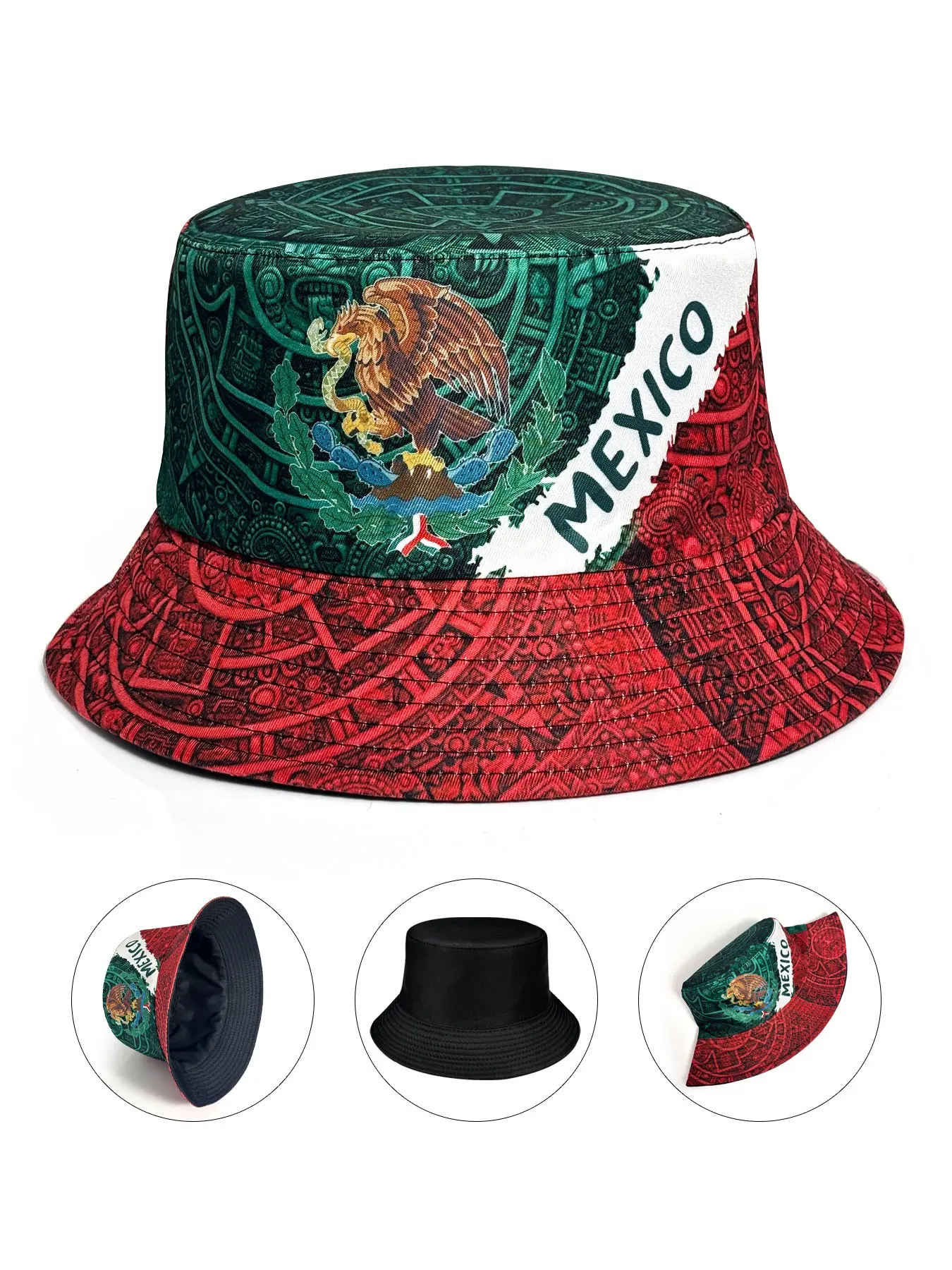 Mexican Flag All Over Print Breathable Fisherman Hat, Reversible Design Sun Hat, Foldable Lightweight, All-Season Outdoor UV Protection, Casual Beach Vacation Accessory, Casual Summer Hat