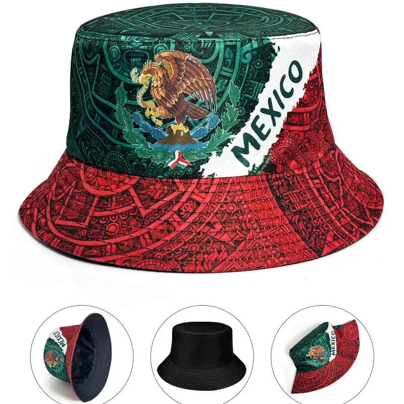 Mexican Flag All Over Print Breathable Fisherman Hat, Reversible Design Sun Hat, Foldable Lightweight, All-Season Outdoor UV Protection, Casual Beach Vacation Accessory, Casual Summer Hat