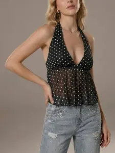 Women's Summer Daily Soft Baddie Vintage Polka Dot Sheer Babydoll Hem Backless Bow Tie Deep V Halter Tank Top Home Outdoor City Slim Trend Casual Elegant Youth Simple Versatile Texture Temperament Natural Literary Art