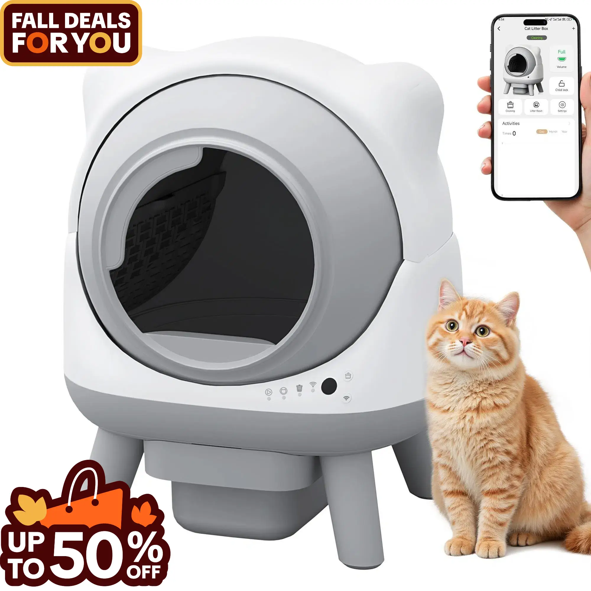 Warcat Self Cleaning Litter Box Large Capacity Automatic Litter Box with App Control via 2.4G Wifi, Safety Sensors for Cats Low Noise Electric Litter