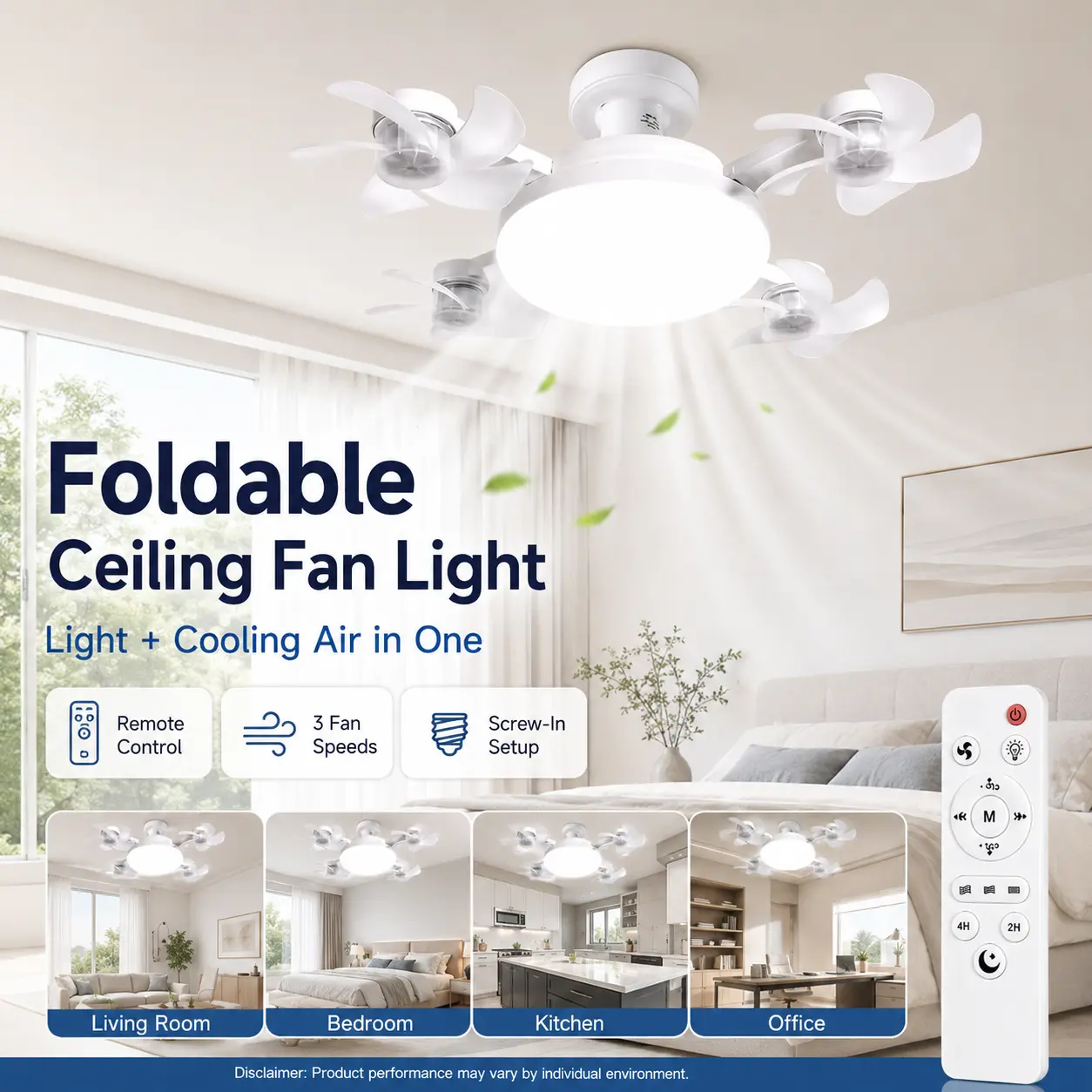 Foldable Ceiling Fan Light with Remote, 4-Blade Screw-In LED Fan Lamp, 3-Speed Portable Ceiling Fan for Bedroom, Kitchen, Office