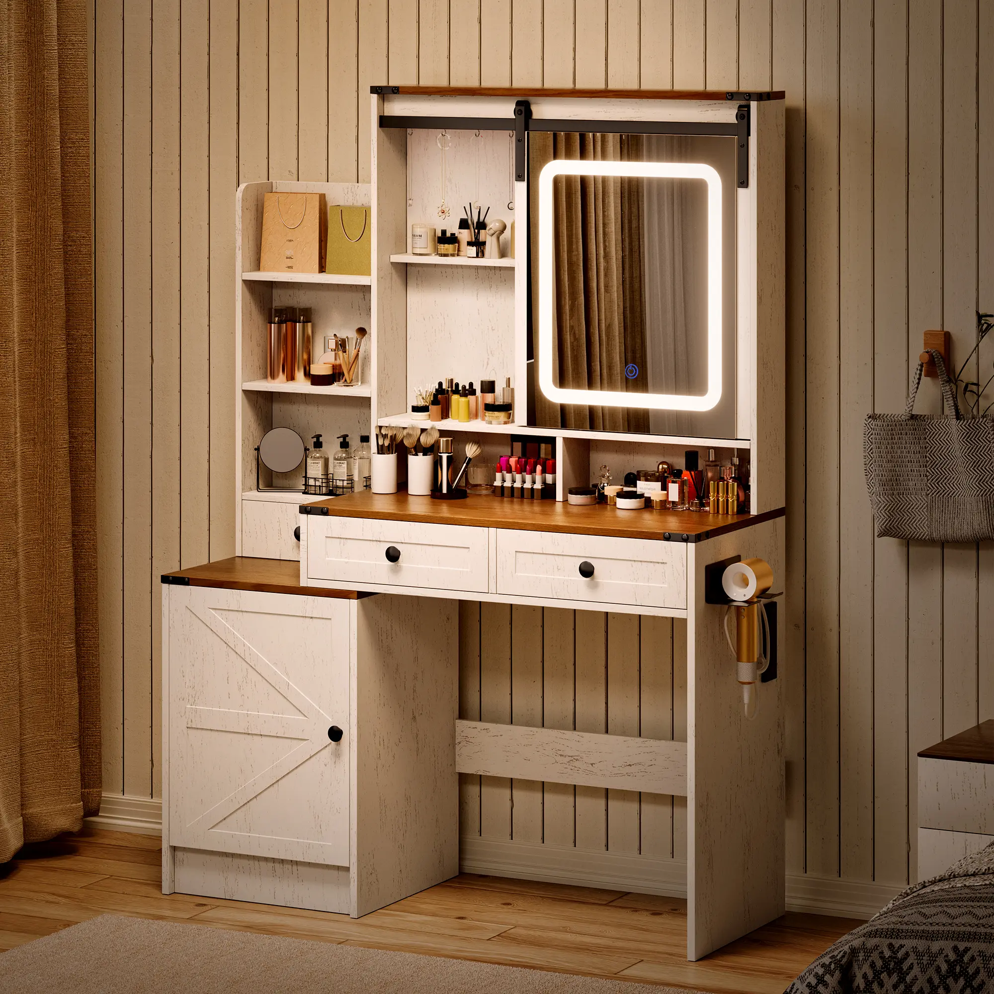 Large Makeup Vanity with Adjustable LED Mirror and Hidden Storage, Bedroom Vanity Desk with Power Outlet, Gift for her