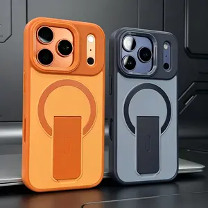Luxury Hidden Bracket Stand Magnetic Wireless Charging Phone Case for iPhone 11 12 13 14 15 16 17 Pro Max Air Plus Promax Matte Shockproof Armor Camera Protective Cover Fully Enclosed Protective Shell Men Women