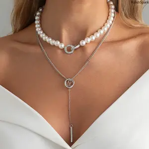 Double Layered Interlocking Ring Pearl Necklace, Silver Tone Y-Shaped Lariat Necklace, Minimalist Stacked Chain Choker Jewelry for Women summervibes