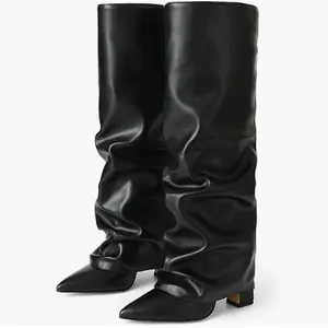 EROCALL Womens Knee High Boots Wide Calf Chunky High Heel Boots Fashion Fold Over Boot Pointed Toe Winter Fall Tall Boots for Women Pull on Trendy  Women's Slouchy Knee High Boots