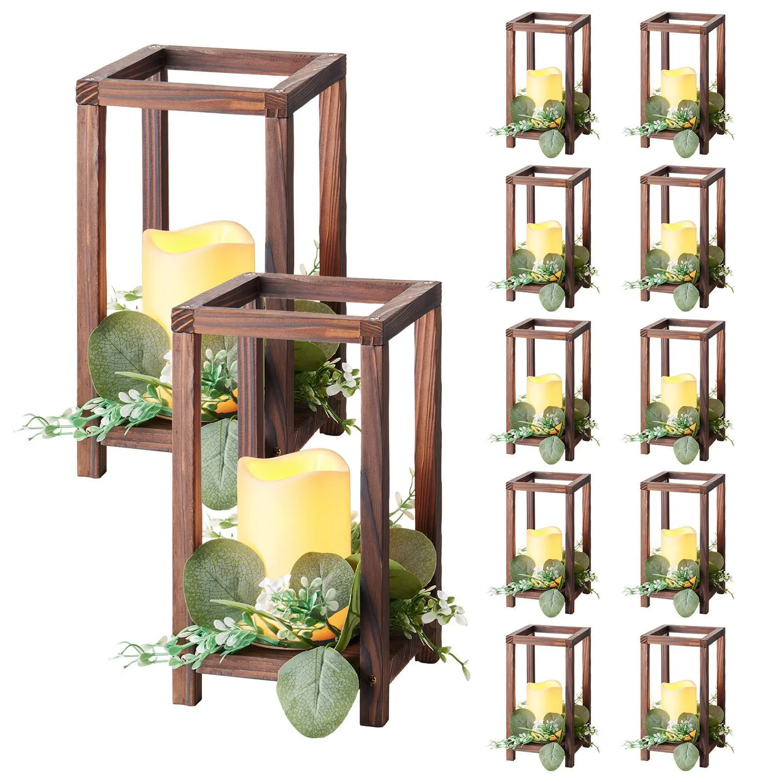 VEVOR 12 Set/36 Pcs Wooden Wedding Lantern Centerpiece, Includes 12 Wooden Lantern Candle Holder 12 Flameless LED Candle 12 Eucalyptus Leaves Wreath for Wedding Table Party Farmhouse Decor, Brown#BackToSchool