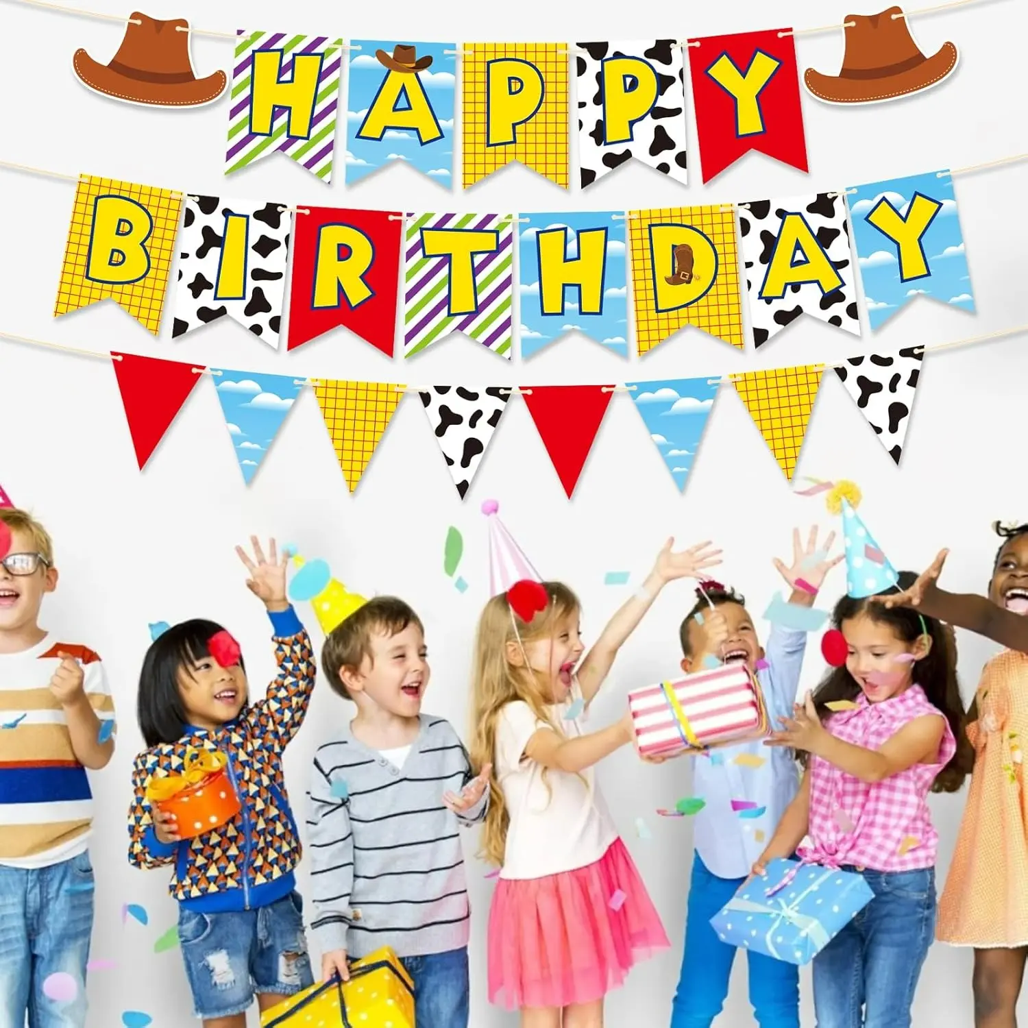 Cartoon Adventure Cowboy Story Birthday Banner   Pre-Strung, 2 Infinity and Beyond Colorful Happy Birthday Wall Decorations for Toy Birthday Parties