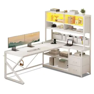 LED L Shaped Gaming Desk with 2 Drawer and Bookshelf White