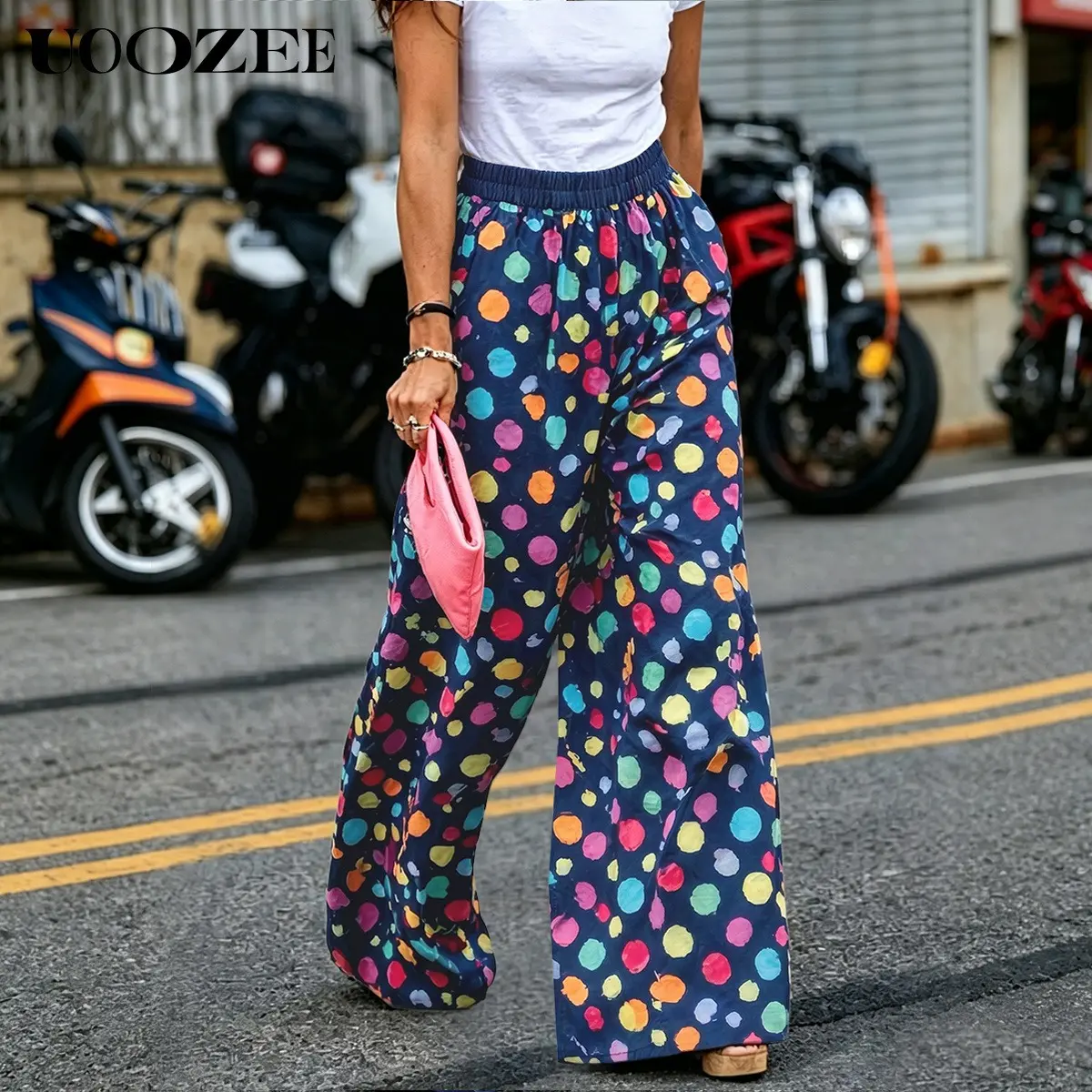 UOOZEE Women's Chic High Waist Wide Leg Elastic Trouser, Lightweight Loose Polyester Palazzo Pants for Summer Vacation, Retro Colorful Oversized Crop Bottoms Pairs with Camisole/Strappy Streetwear, Elegant