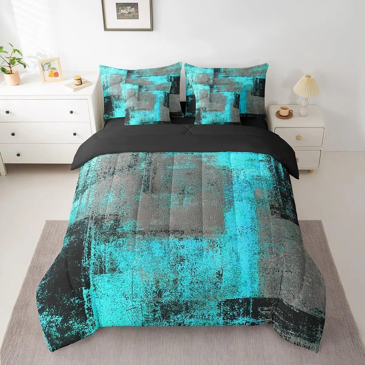 Turquoise and Grey Comforter Set 7 Piece Retro Black Teal Ombre Bedding Set with Sheet Set,Pillow Covers Contemporary Abstract Art Bed in A Bag Oil Painting Graffiti Bed Set