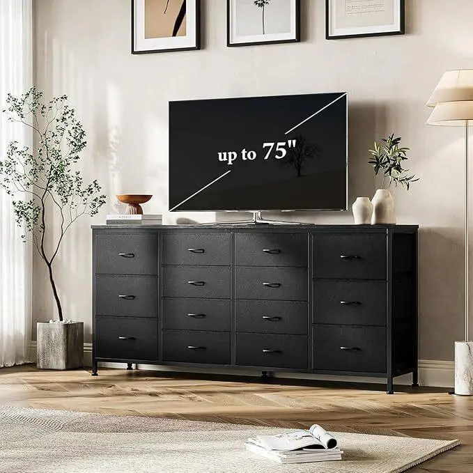 Gaomon 63in Stable Sturdy Modern Fabric Dresser - 14 Deep Drawers, Power Outlet, USB Charging Hub, Quick Setup, Storage Cabinet for Bedroom, Living Room (Black, Assembly Required)