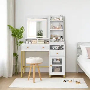 Smart Vanity Desk with Illuminated LED Mirror, Modern Makeup Dressing Table with Integrated Power Outlet, 2 Spacious Drawers and Multi-Tier Storage Shelves, Perfect Bedroom Beauty Station