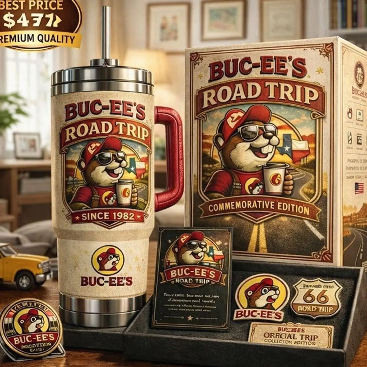 Buc-ees Road Trip Beaver 40oz Tumbler With Handle & Straw, Travel Inspired Stainless Steel Vacuum Mug