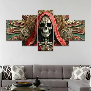 5 Counts Unframed Canvas Poster, Red Hooded Skull Skeleton Poster, Artistic Exquisite Poster, Perfect Living Room Decoration, Modern Art, Fashion Family Poster, Wall Art Decoration, Odorless, Waterproof, Artwork