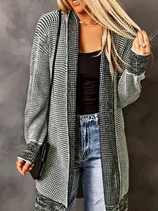 American Retro Plaid Knit Cardigan, Long Loose Fit Outerwear, Unique Design Lazy Style Versatile Jacket for Women
