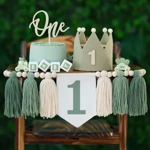 High Chair Banner First Birthday Decorations for Boy with Green 1st Birthday Hat Cake Topper