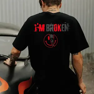 I’M BROKEN and Smiling Face Skull Graphic Casual Black and White Print T-shirt