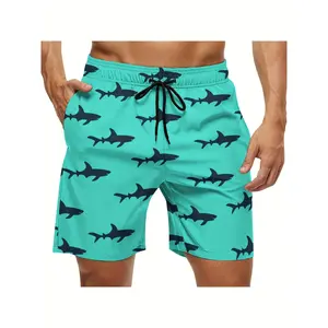 [Made in US] Men's Green Shark Print Swim Trunks - Soft, Stretchy, Quick-Dry Beach Shorts for Summer Vacations & Water Sports, Lightweight Polyester Fabric with Drawstring Waist, Sizes X to 2XL