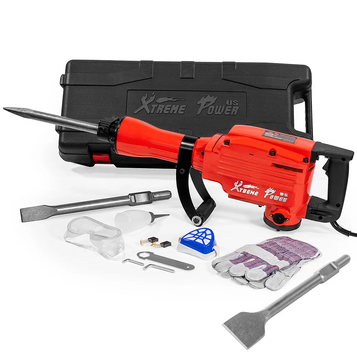 XtremepowerUS 2200W Motor Portable Electric Demolition Jackhammer Impact Tool Kit - Hex Shank Drill Compatible, Chisel Set, Swivel Function, Storage Case (Power Tools Set), Hardware