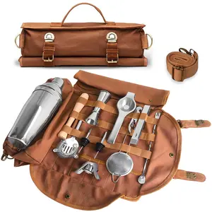 Cocktail Bar Tool Roll Bag, Canvas Bartender Kit Organizer with Adjustable Straps